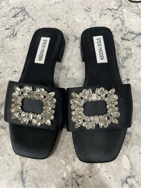 Steve Madden Black Satin Slide sandals with Crystal Buckles